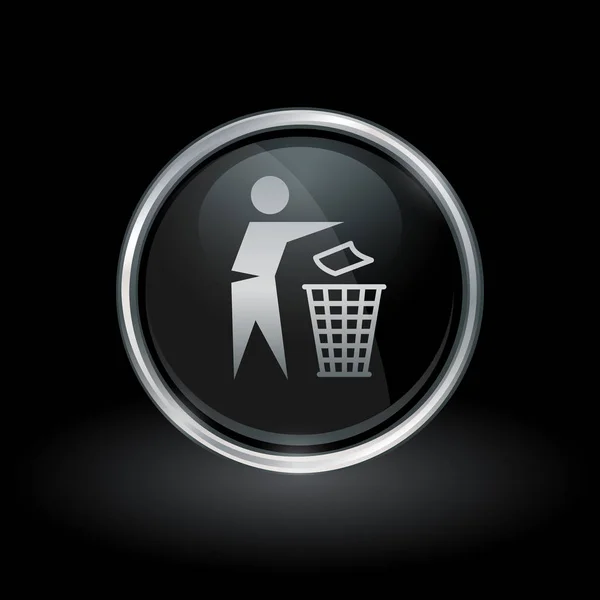 Papelera bin icono dentro de plata redonda y emblema negro — Vector de stock