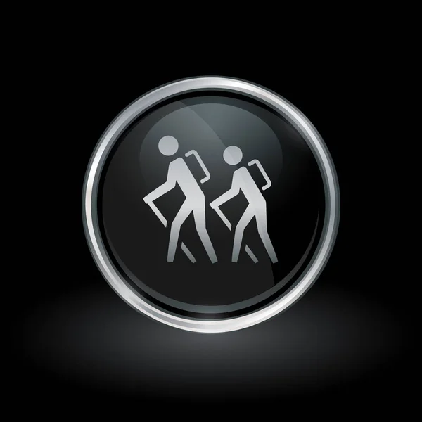 Icône de sentier de randonnée à l'intérieur argent rond et emblème noir — Image vectorielle
