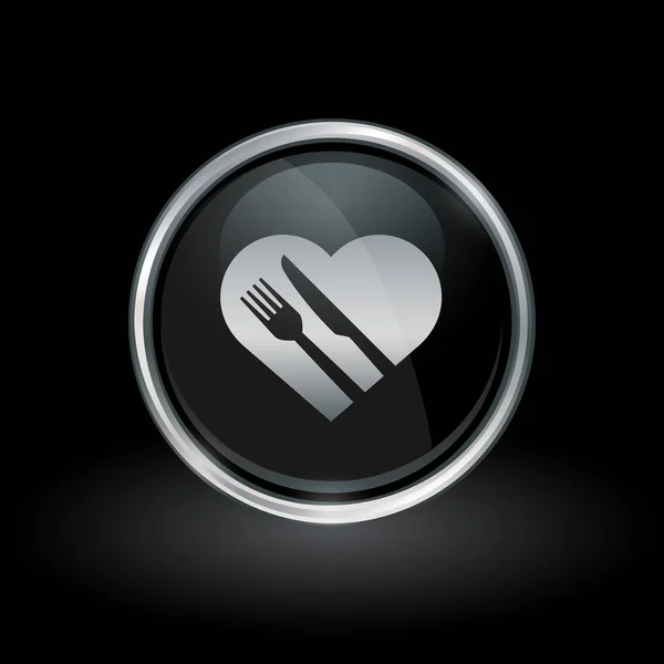 Ícone de dieta saudável coração dentro de prata redonda e emblema preto — Vetor de Stock