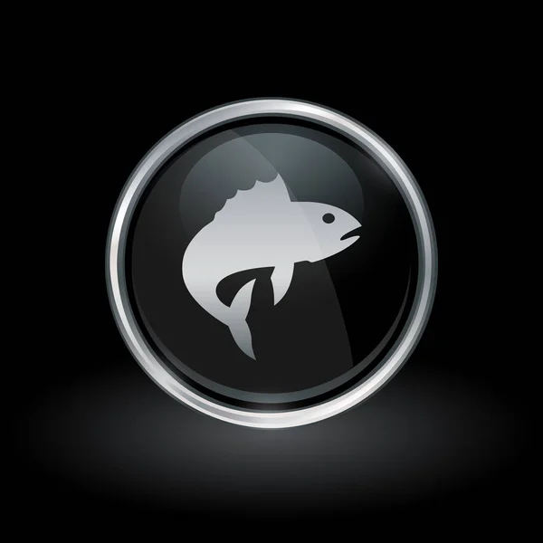 Ícone de peixe dentro de prata redonda e emblema preto —  Vetores de Stock