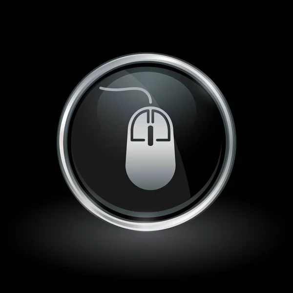 銀と黒の丸いエンブレム内コンピューター マウス アイコン — ストックベクタ