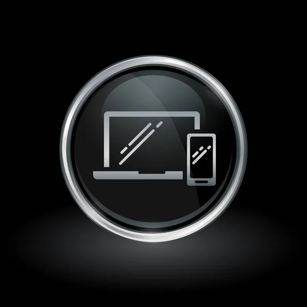 Icono del ordenador portátil y el teléfono inteligente dentro de plata redonda y emblema negro — Archivo Imágenes Vectoriales
