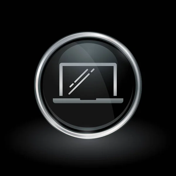 Icono del ordenador portátil dentro de plata redonda y emblema negro — Archivo Imágenes Vectoriales
