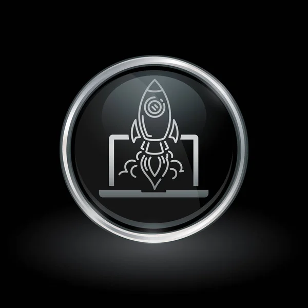 Laptop rocket launch icon inside round silver and black emblem — Stock Vector