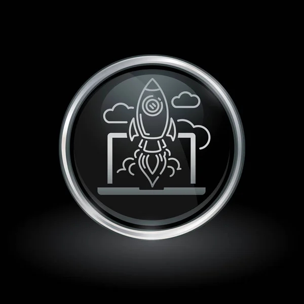 Laptop rocket launch icon inside round silver and black emblem — Stock Vector