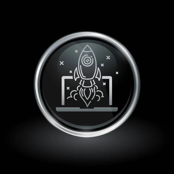 Laptop rocket launch icon inside round silver and black emblem — Stock Vector