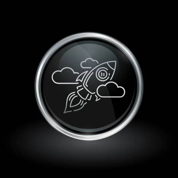 Ícone de nave espacial galáctica dentro de prata redonda e emblema preto —  Vetores de Stock