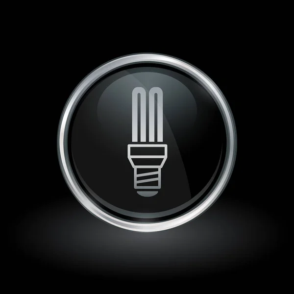 Ícone de lâmpada fluorescente dentro rodada prata e emblema preto — Vetor de Stock