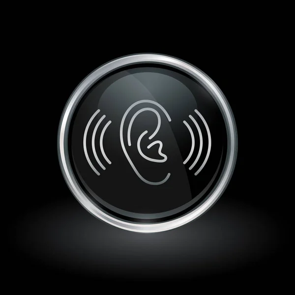 Значок гучності вуха всередині круглої срібної та чорної емблеми — стоковий вектор