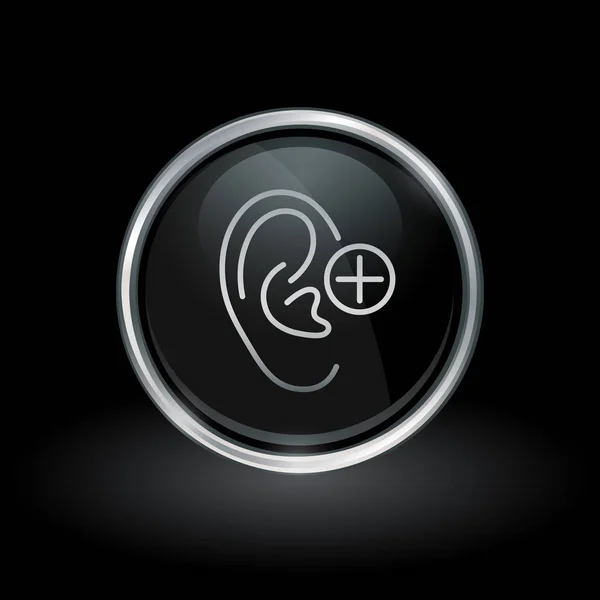 Oído icono de la audición dentro de plata redonda y emblema negro — Archivo Imágenes Vectoriales