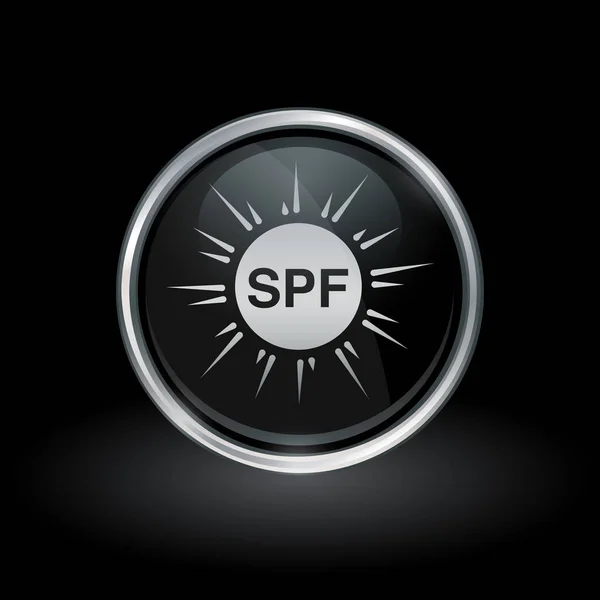 SPF icono de la salud del sol dentro de plata redonda y emblema negro — Archivo Imágenes Vectoriales