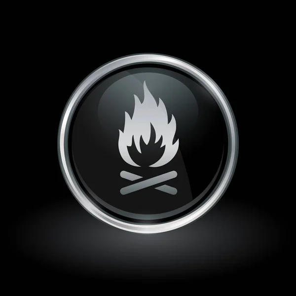 Иконка огня дерева внутри круглой серебряной и черной эмблемы — стоковый вектор