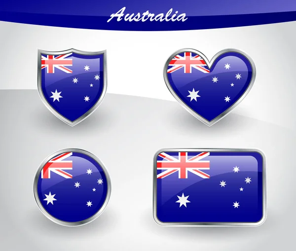 Glanzende Australië vlag pictogrammenset met schild, hart, cirkel, recta — Stockvector