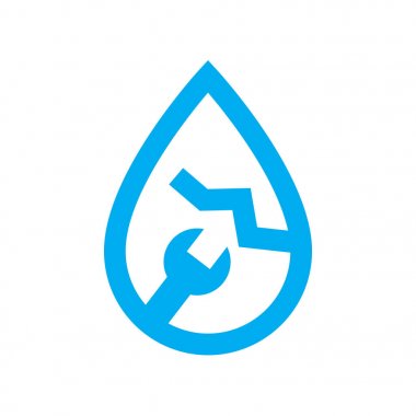 Sıhhi tesisat su sızıntısı onarım simgesi. Somun anahtarı mavi renk ve damla suya çatlamak