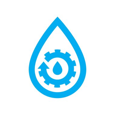 Su sıhhi tesisat bakım simgesi. Mavi Dişli çark dişi su damla sembol