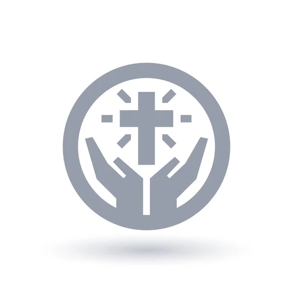 Kruis met handen pictogram. Symbool van de christelijke eredienst. Kerk lof teken. — Stockvector