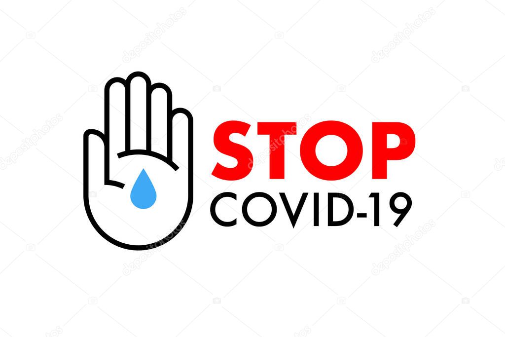 Stop Covid-19 banner. Wash hands Coronavirus prevention icon. Vector illustration.