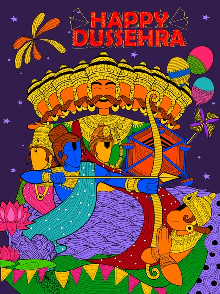 Lord Ram, Sita, Laxmana, Hanuman and Ravana in Dussehra Navratri festival of India poster — Stock Vector