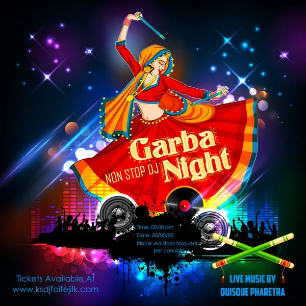 Disko Garba gece poster Navratri Dussehra festival Hindistan için Dandiya oynayan kadın — Stok Vektör