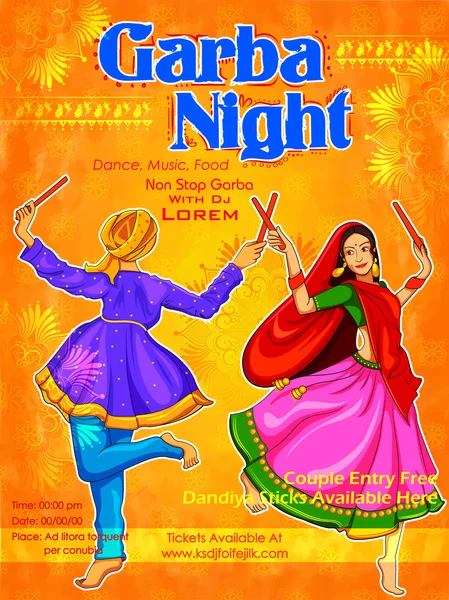 Coppia suonare Dandiya in discoteca poster Garba Night per Navratri Dussehra festival of India — Vettoriale Stock