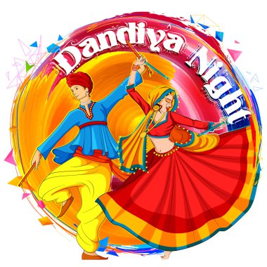 Disko Garba gece poster Navratri Dussehra festival Hindistan için Dandiya oynayan Çift