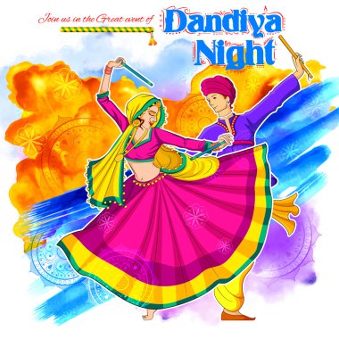 Disko Garba gece poster Navratri Dussehra festival Hindistan için Dandiya oynayan Çift