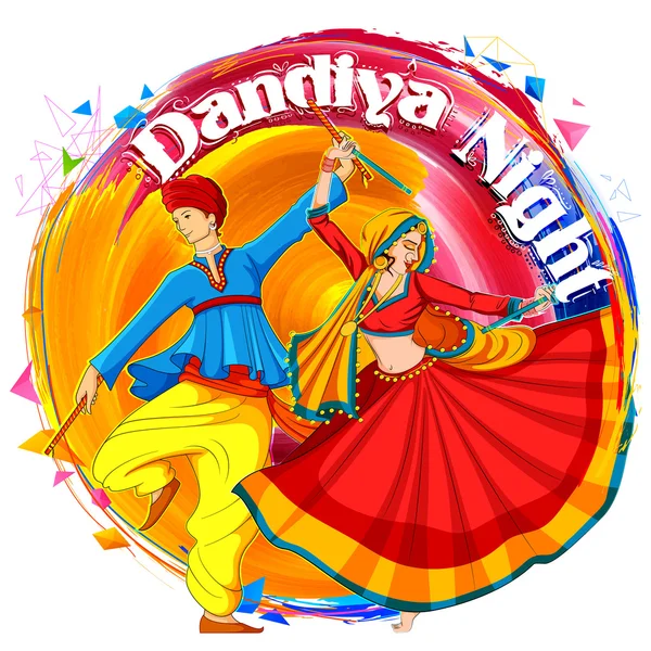 Pareja jugando Dandiya en discoteca Garba Cartel nocturno para Navratri Dussehra festival de la India — Vector de stock