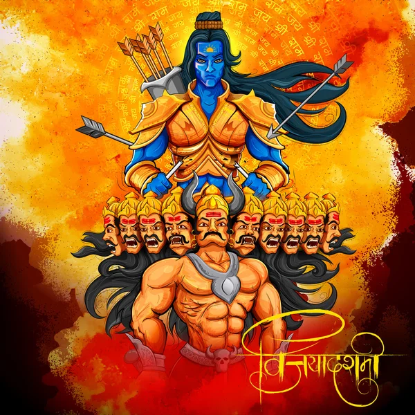 Lord Rama y Ravana en Dussehra Festival Navratri de la India cartel — Vector de stock