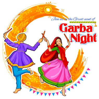 Disko Garba gece poster Navratri Dussehra festival Hindistan için Dandiya oynayan Çift