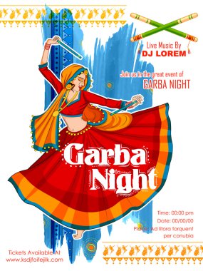 Disko Garba gece poster Navratri Dussehra festival Hindistan için Dandiya oynayan kadın