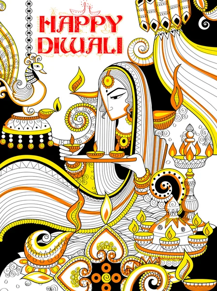 Hořící diya na šťastný Diwali Holiday doodle pozadí pro lehké festival Indie — Stockový vektor