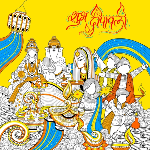 Gudinnan Lakshmi och Lord Ganesha på happy Diwali Holiday doodle bakgrund för ljus festival i Indien — Stock vektor