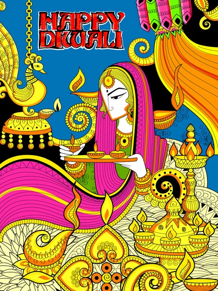 Burning diya su felice Diwali vacanza doodle sfondo per la festa della luce dell'India — Vettoriale Stock