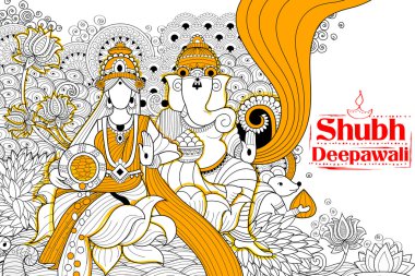 Tanrıça Lakshmi ve Lord Ganesha mutlu Diwali tatil Hindistan'ın ışık Festivali için arka plan doodle