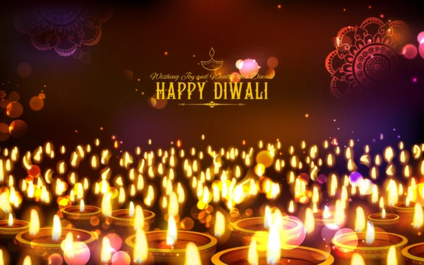 Brinnande diya på happy Diwali Holiday bakgrund för ljus festival i Indien — Stock vektor