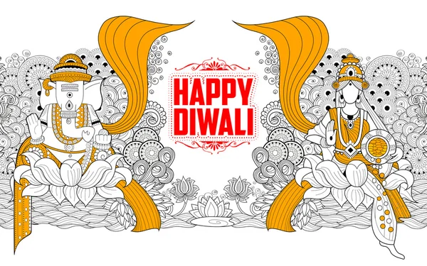 Gudinnan Lakshmi och Lord Ganesha på happy Diwali Holiday doodle bakgrund för ljus festival i Indien — Stock vektor