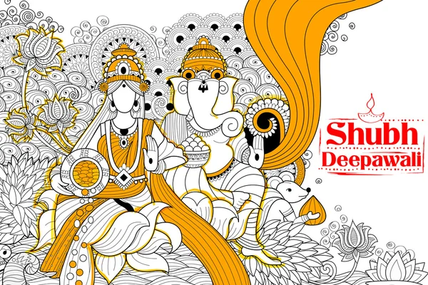 Diosa Lakshmi y el Señor Ganesha en feliz Diwali Holiday doodle fondo para el festival de la luz de la India — Vector de stock