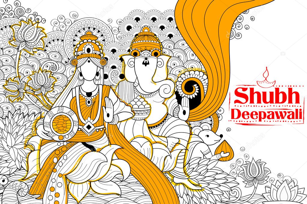 Goddess Lakshmi and Lord Ganesha on happy Diwali Holiday doodle background for light festival of India