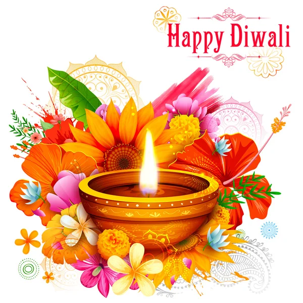 Burning diya on happy Diwali Fondo de vacaciones para el festival de luz de la India — Vector de stock