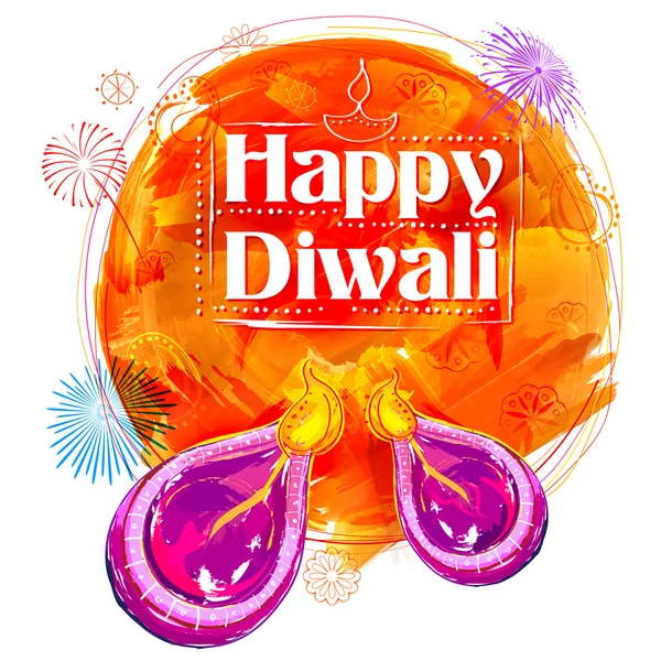 Brinnande akvarell diya på happy Diwali Holiday bakgrund för ljus festival i Indien — Stock vektor