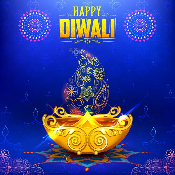 Hořící diya na šťastný Diwali Holiday pozadí pro lehké festival Indie — Stockový vektor