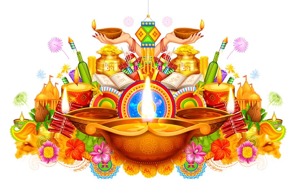 Palenie się diya na szczęśliwy tło wakacje Diwali światła Festiwal Indii — Wektor stockowy