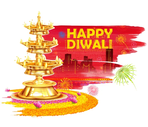 Burning diya en Happy Diwali fondo acuarela de vacaciones para el festival de la luz de la India — Vector de stock