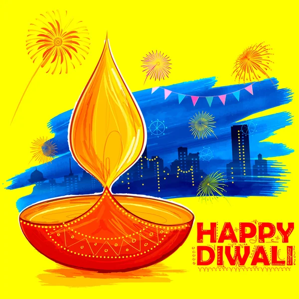 Burning diya en Happy Diwali fondo acuarela de vacaciones para el festival de la luz de la India — Archivo Imágenes Vectoriales