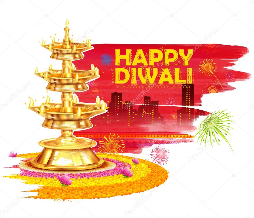 Burning diya on Happy Diwali Holiday watercolor background for light festival of India