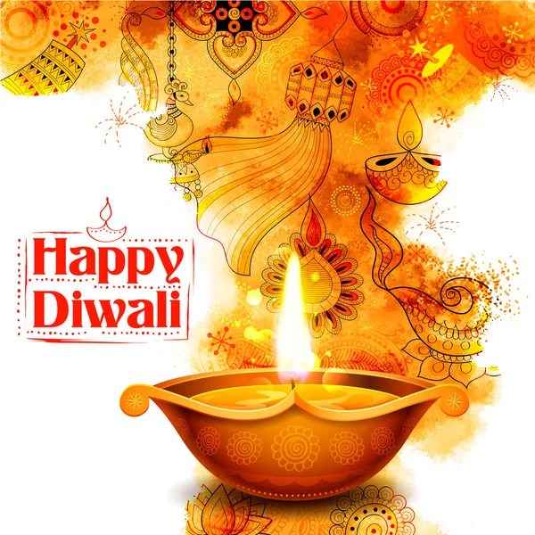 Burning diya on Happy Diwali Holiday watercolor background for light festival of India — ストックベクタ