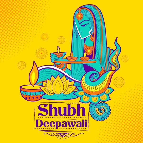 Lady queimando diya no feliz fundo doodle Diwali Holiday para o festival de luz da Índia —  Vetores de Stock