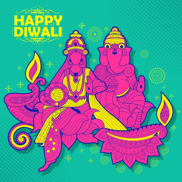 Goddess Lakshmi and Lord Ganesha on happy Diwali Holiday doodle background for light festival of India — Stock Vector