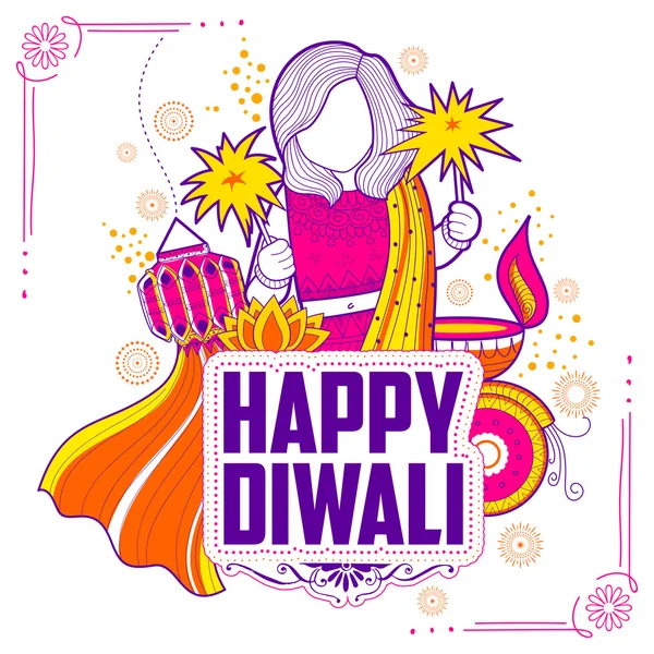 Kid celebrating happy Diwali Holiday doodle background for light festival of India — Stock Vector