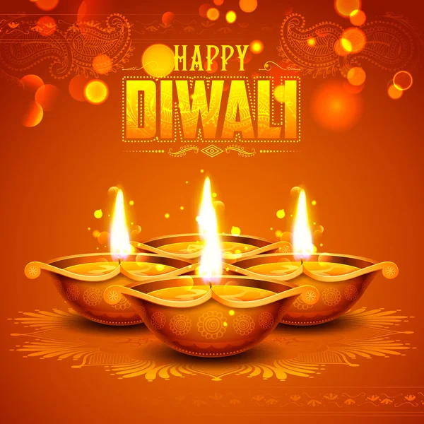 Brennende diya auf happy diwali holiday background für light festival of India — Stockvektor